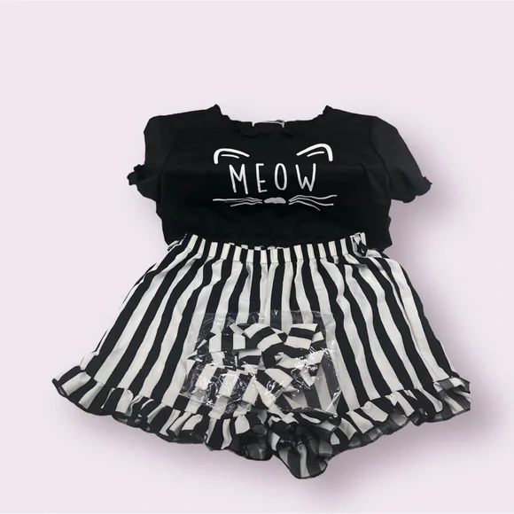 2pc Girl “Meow” Outfit With Belt | Black and White Stripes - Picture 12 of 12